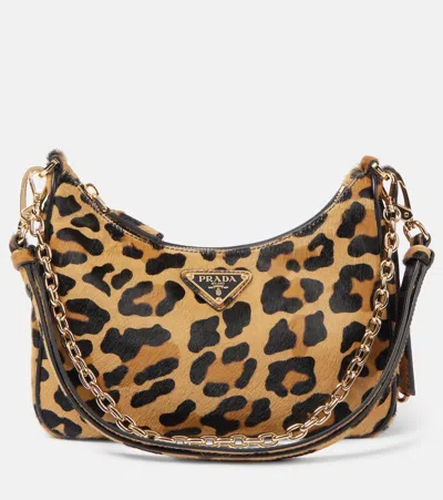 Prada Re-edition Small Calf Hair Shoulder Bag In Brown