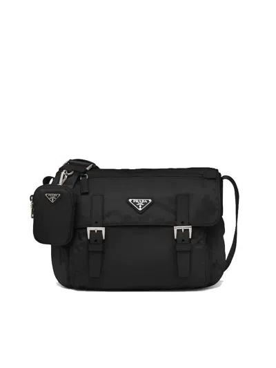 Prada Re Nylon Triangle Logo Plaque Shoulder Bag In Black