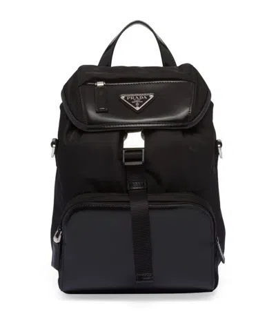 Prada Re-nylon And Leather Backpack Shoulder Bag In Black