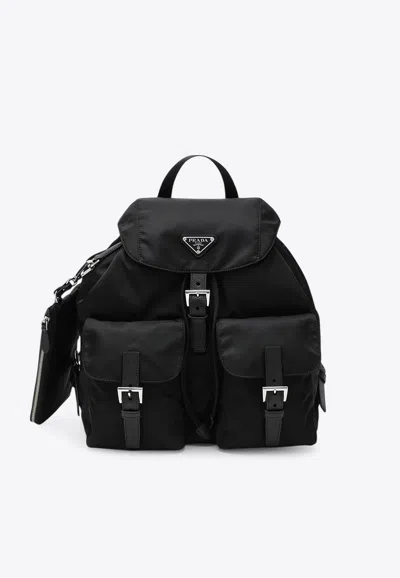 Prada Re-nylon And Leather Backpack With Removable-pouch In Black