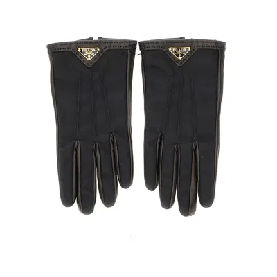 Prada Re-nylon And Nappa Leather Gloves In Black