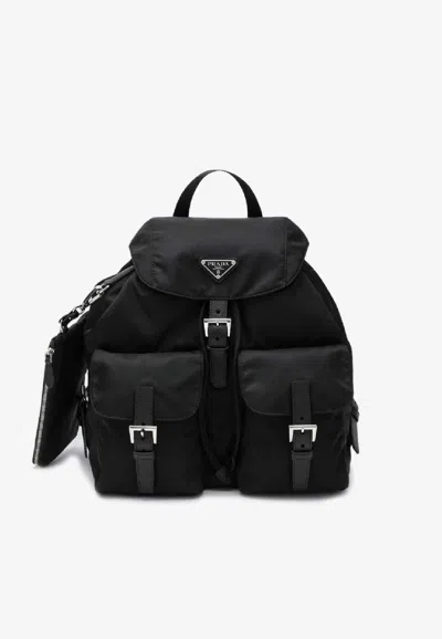Prada Re-nylon And Saffiano Leather Logo Backpack In Black