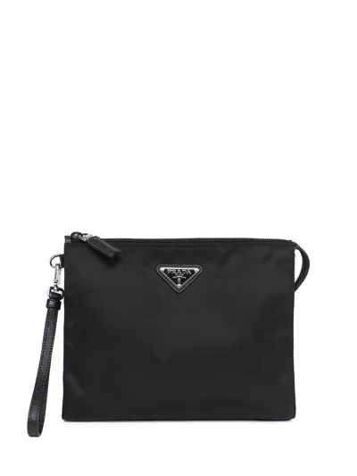 Prada `re-nylon` And Saffiano Leather Pouch In Black  