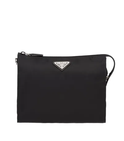 Prada Rectangular Re-nylon Clutch With Detachable Wrist Handle In Black