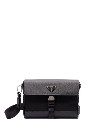 Prada `re-nylon` And Saffiano Leather Shoulder Bag In Black  
