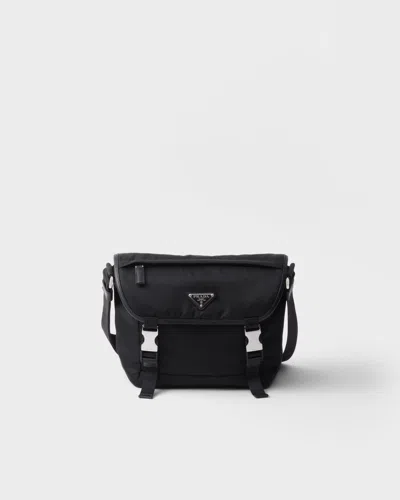 Prada Triangle Logo Re-nylon And Saffiano Leather Shoulder Bag In Black