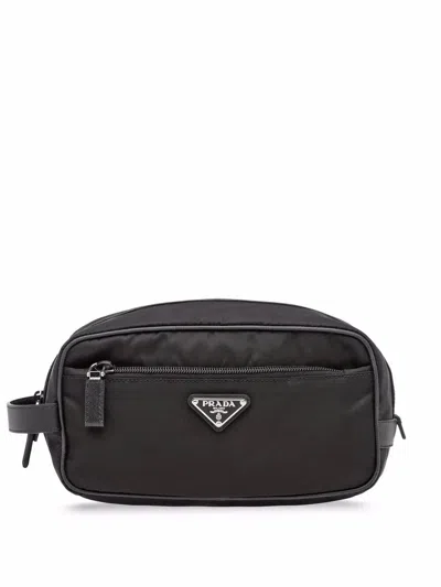 Prada Re-nylon And Saffiano Leather Travel Pouch In Black