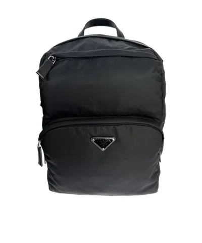 Prada Re-nylon And Saffiano Logo Backpack In Black