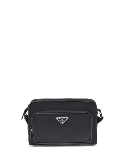 Prada Small Shoulder Bag With Adjustable Strap And Front Zip Pocket In Black