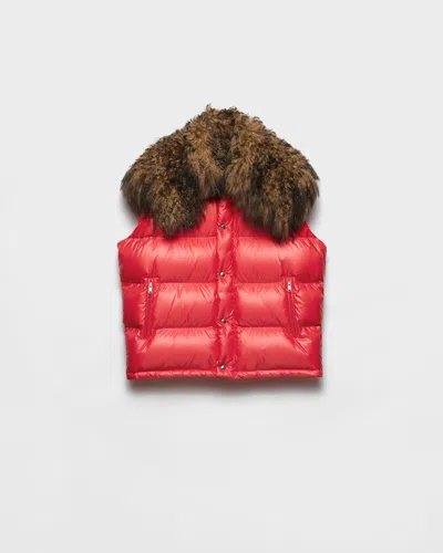 Prada Re-nylon And Shearling Down Vest In Red