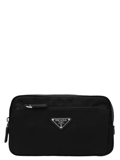 Prada Re-nylon And Saffiano Leather Travel Pouch Accessories In Black