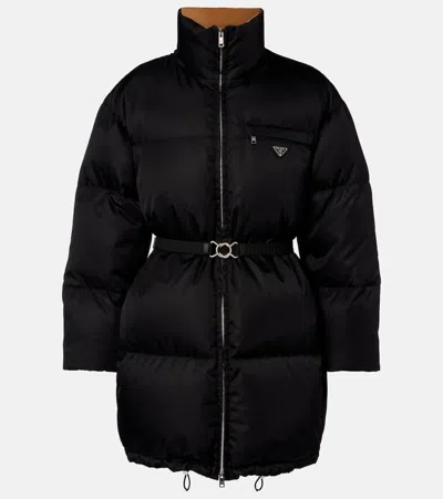 Prada Re-nylon Belted Down Jacket In Black