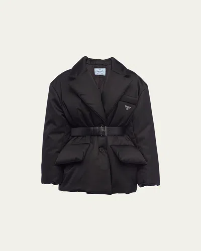 Prada Re-nylon Belted Down Jacket In Nero