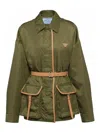 Prada Re-nylon Leather Belted Jacket In Light Brown