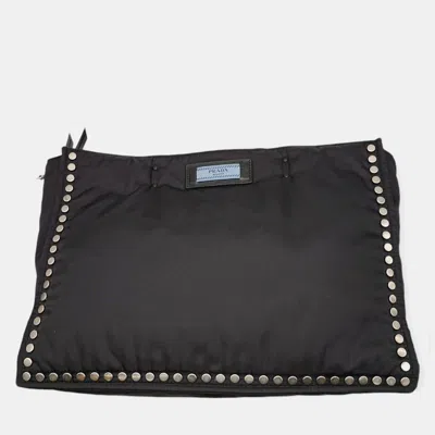 Pre-owned Prada Re-nylon Black And Blue Riveted Tote Bag