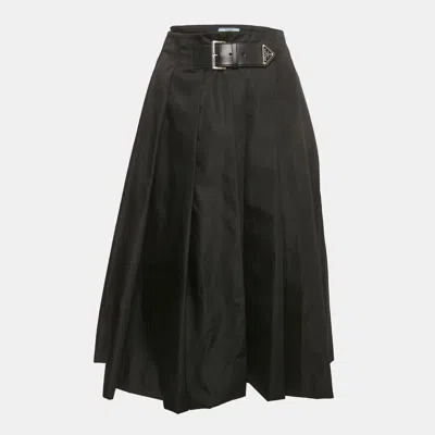 Pre-owned Prada Re Nylon Black Nylon Pleated Midi Skirt M