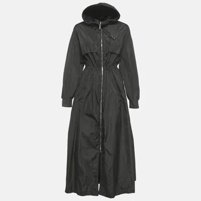 Pre-owned Prada Re-nylon Black Synthetic Triangle Logo Plaque Hooded Long Zip -up Coat S