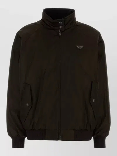 Prada Re Nylon Bomber Jacket Ribbed Cuffs Hem In Brown
