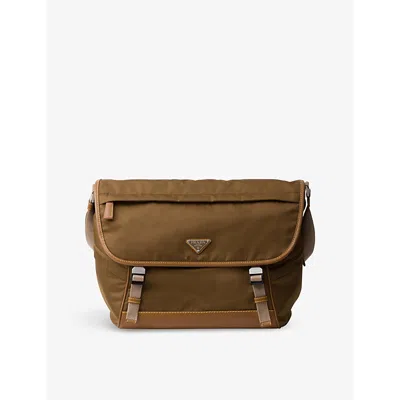 PRADA MENS BROWN RE-NYLON BRAND-PLAQUE NYLON AND LEATHER SHOULDER BAG