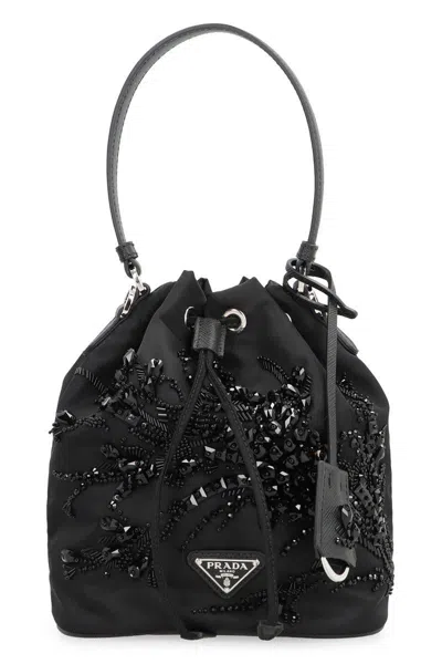 Prada Re-nylon Bucket Bag With Crystals And Pearls In Black
