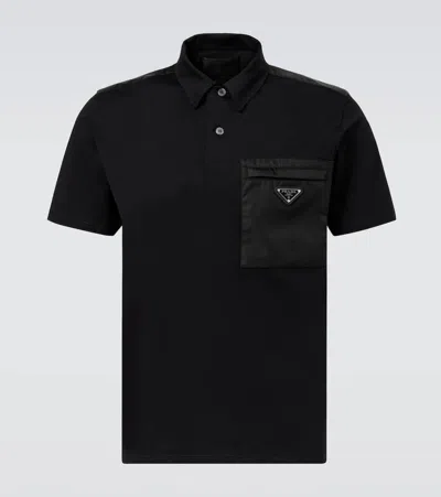 Prada Re-nylon Cotton-blend Polo Shirt In Black