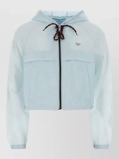 Prada Re Nylon Cropped Hooded Windbreaker Jacket In Blue