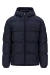 Prada Hooded Quilted Down Jacket With Side Pockets In Blue