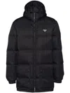 Prada Long Re-nylon Down Jacket In Schwarz