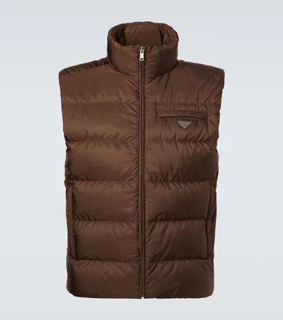 Prada Re-nylon Down Vest In Brown