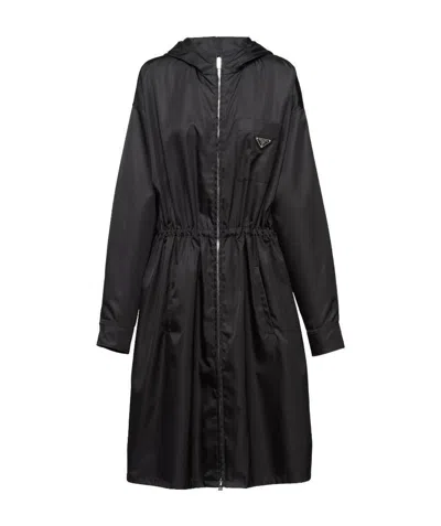 Prada Re-nylon Drawstring Hooded Coat In Black