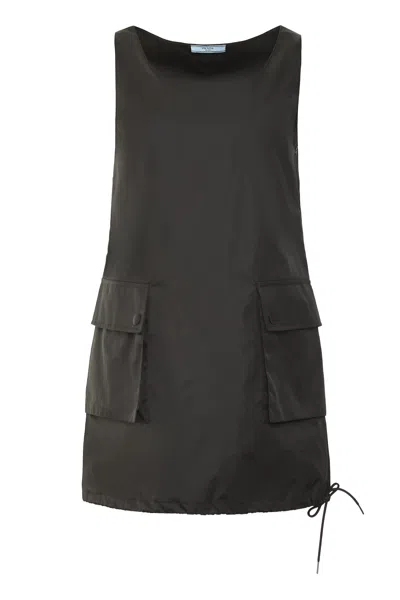 Prada Front Embossed Mini Dress Re-nylon Round Neck In Black