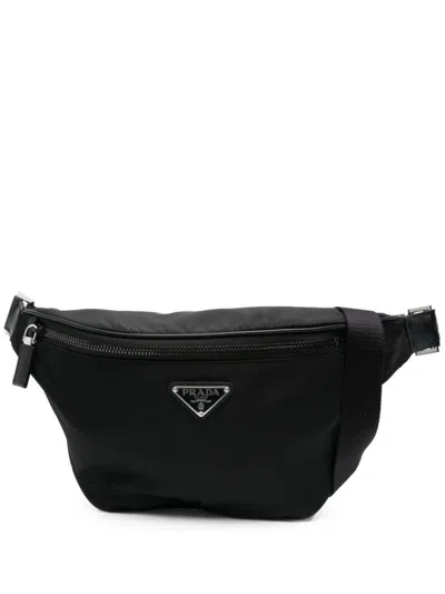 Prada Re-nylon Enamel-logo Belt Bag In Black