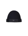 Prada Men's Cable-knit Logo Beanie Hat In Blue