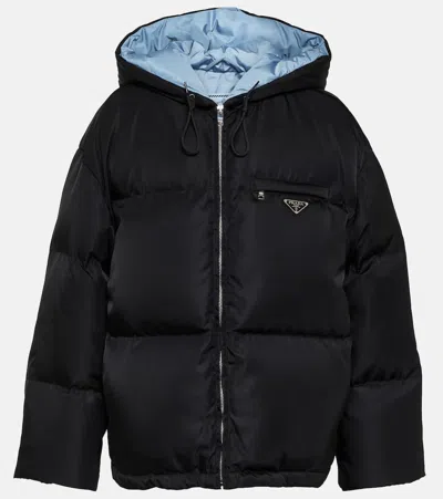 Prada Logo Hooded Down Jacket In Black