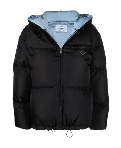 Prada Re-nylon Gabardine Hooded Down Jacket In Black