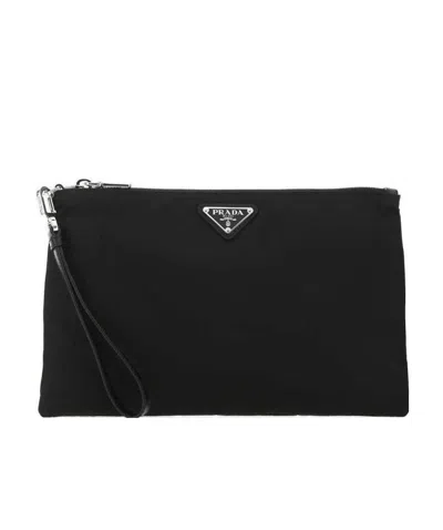 Prada Mera Pouch In Re-nylon And Saffiano Leather In Black