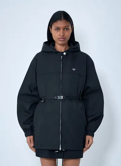 Prada Re-nylon Hooded Belted Anorak Jacket In Black