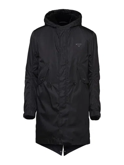 Prada Re-nylon Hooded Coat In Nero