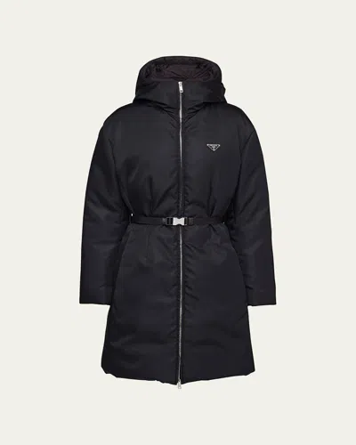 Prada Re-nylon Hooded Down Belted Jacket In Nero