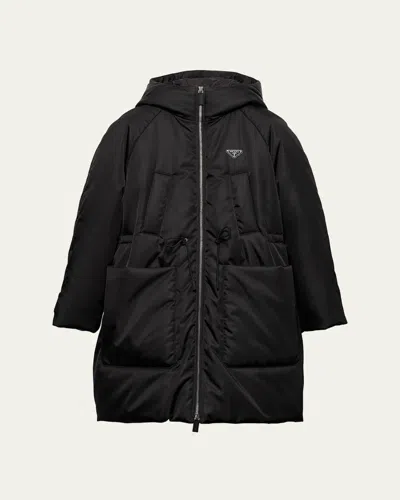 Prada Re-nylon Hooded Down Coat In Black