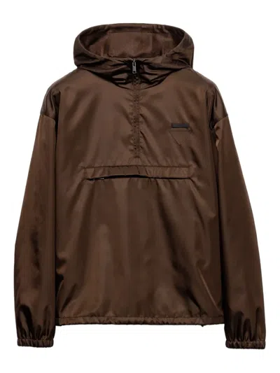 Prada Re-nylon Hooded Jacket In Brown