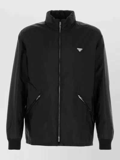 Prada Re Nylon Jacket High Collar Zip Pockets In Black