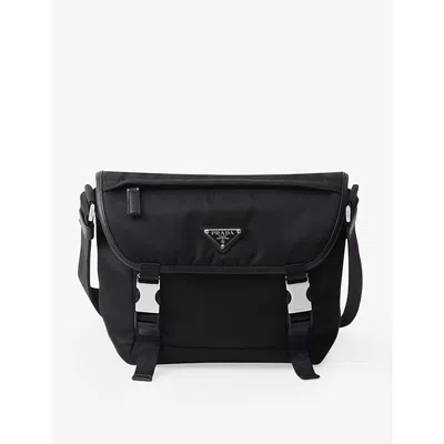 PRADA MENS BLACK RE-NYLON LEATHER AND NYLON SHOULDER BAG