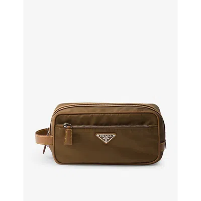 Prada Mens Brown Re-nylon Leather And Recycled-polyamide Pouch