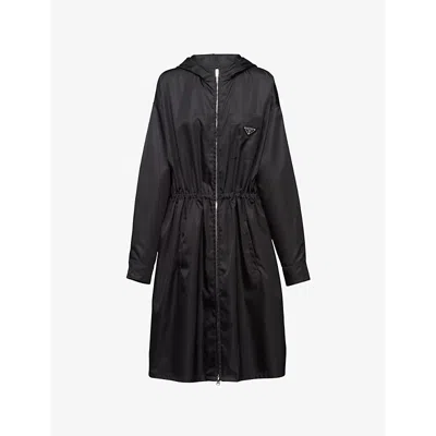 Prada Re-nylon Drawstring Hooded Coat In Black