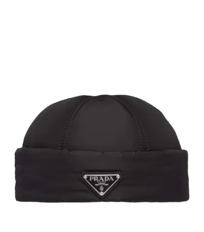 Prada Re-nylon Logo Beanie In Black