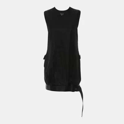 Pre-owned Prada Re-nylon Logo Gabardine Sleeveless Dress With Buckle Belt In Black