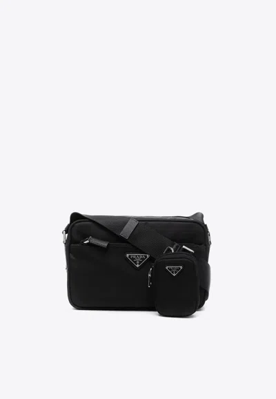 Prada Re-nylon Logo Plaque Crossbody Bag In Black