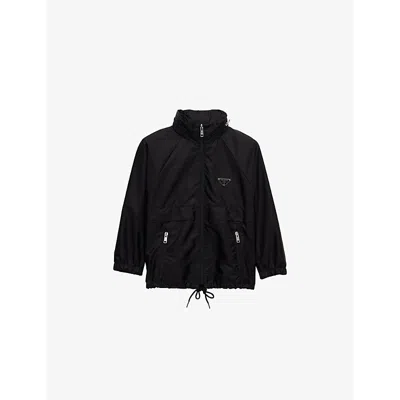 PRADA WOMENS BLACK RE-NYLON LOGO-PLAQUE RAGLAN-SLEEVE NYLON RAIN JACKET