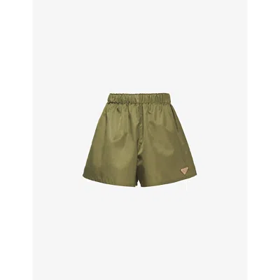 Prada Womens Green Re-nylon Logo-plaque Recycled-nylon Shorts